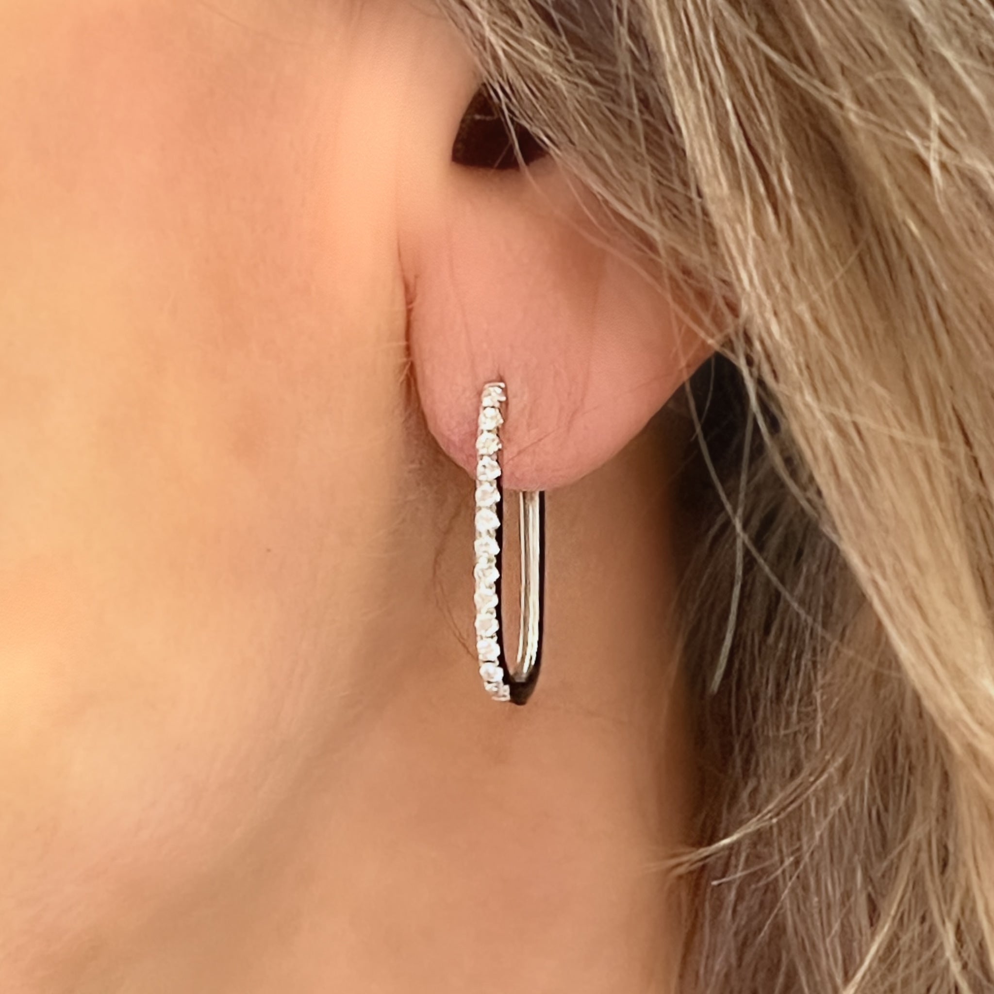 Rectangular Shaped Diamond Hoop Earrings in White Gold
