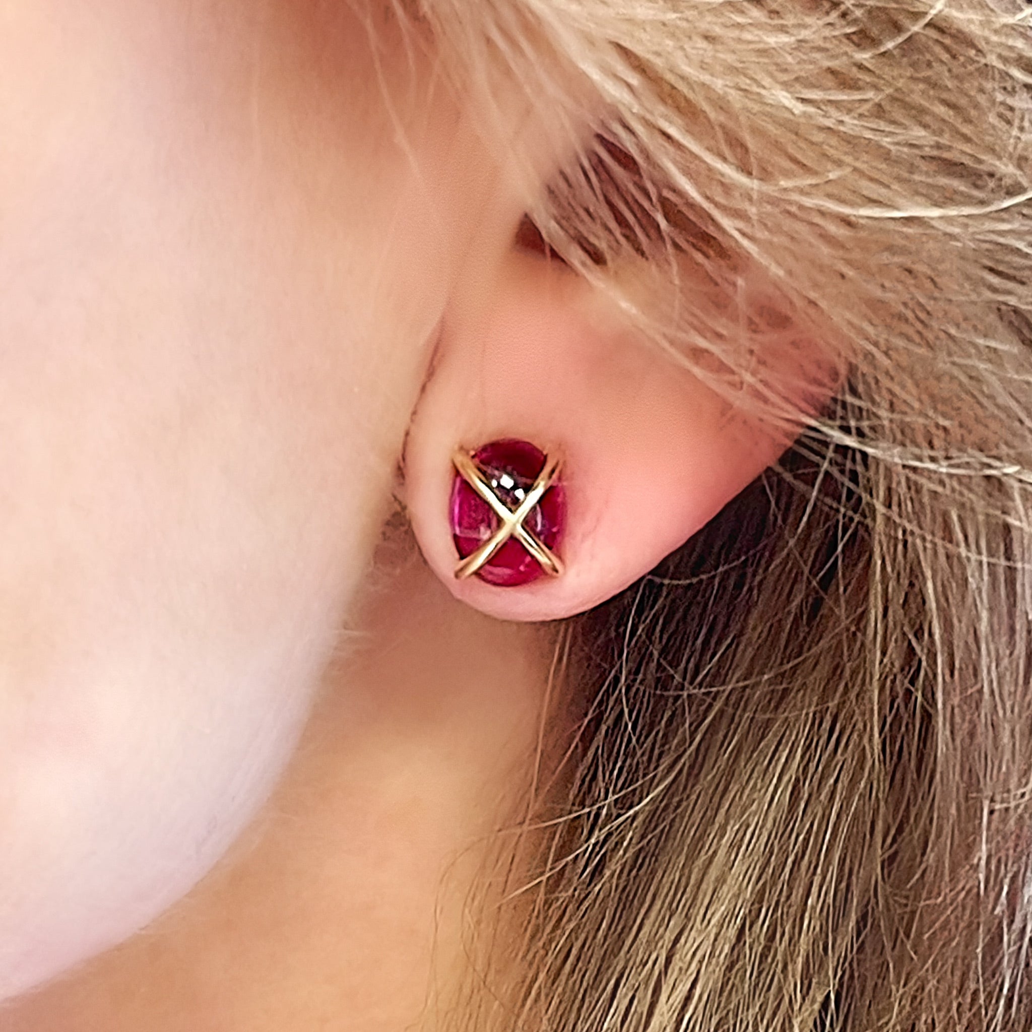 Cabochon Rubellite and 18k Gold Earrings