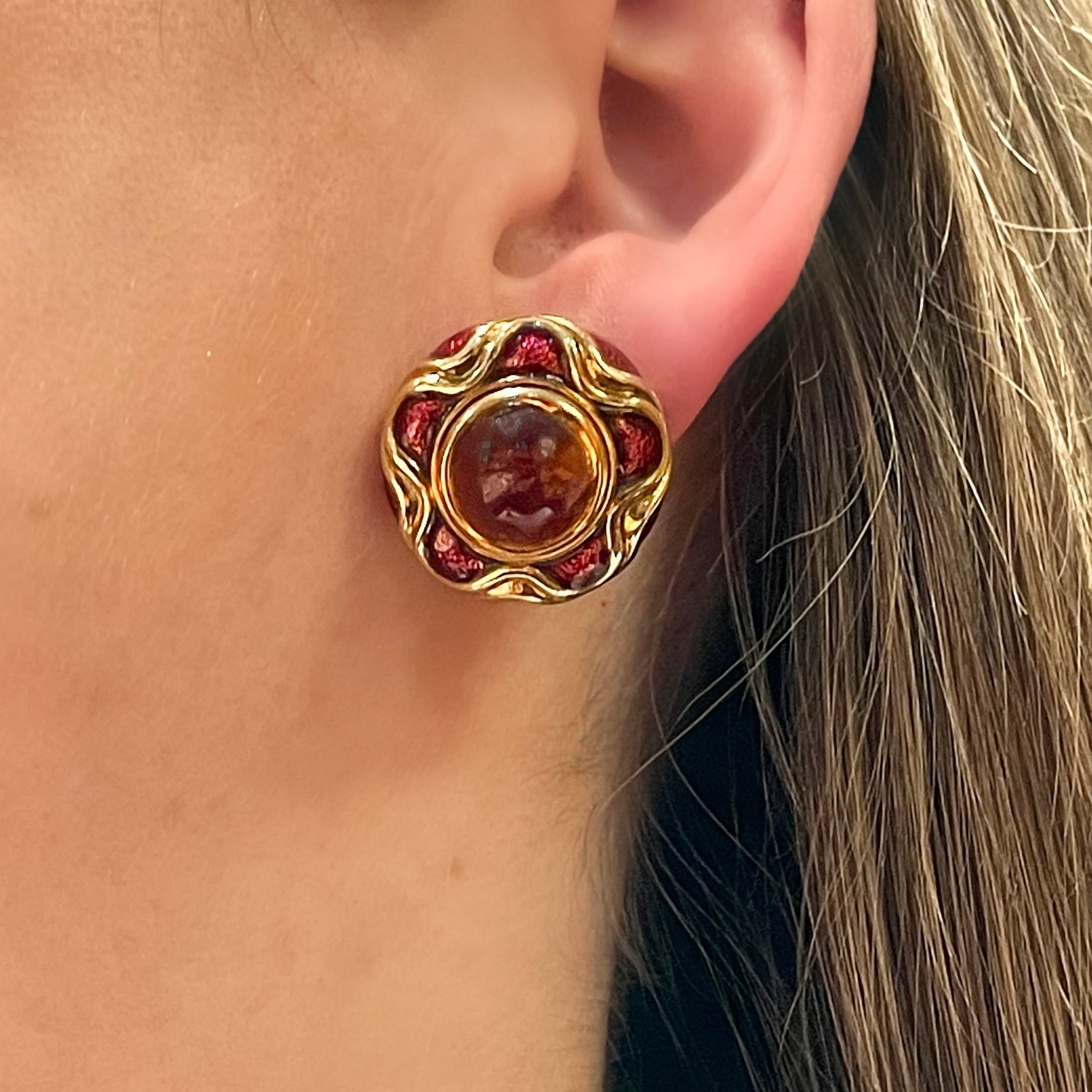 Iral Cabochon Citrine and Enamel Earclips