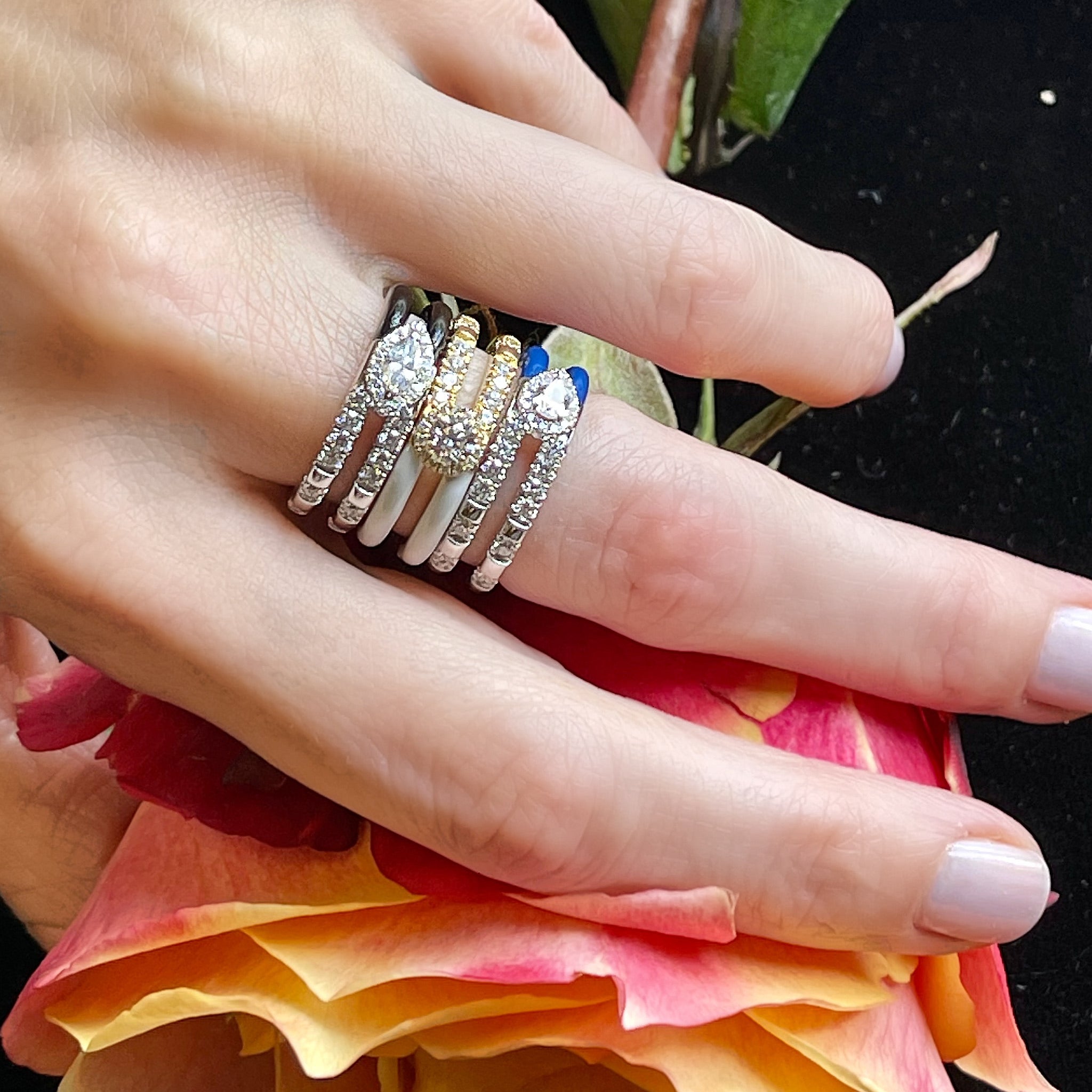 Stackable Diamond and White Enamel Ring