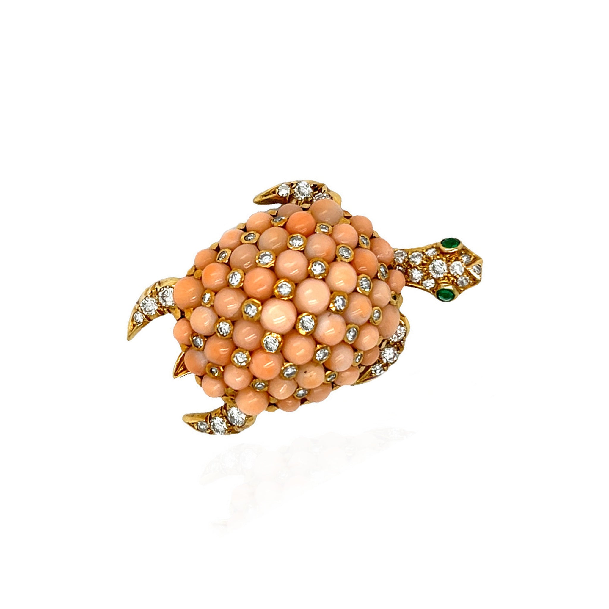 Coral and Diamond Turtle Brooch
