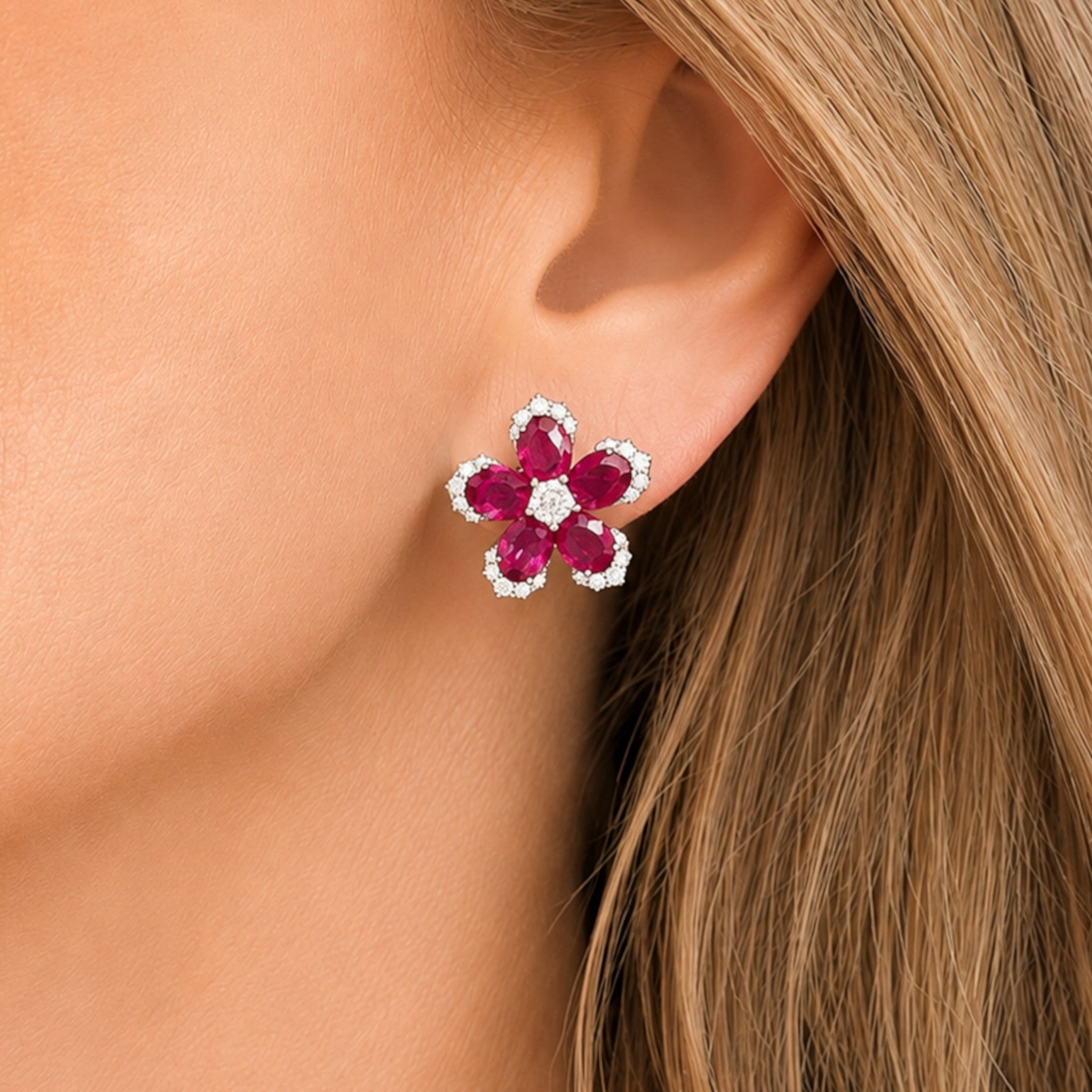 Ruby and Diamond Floral Earrings