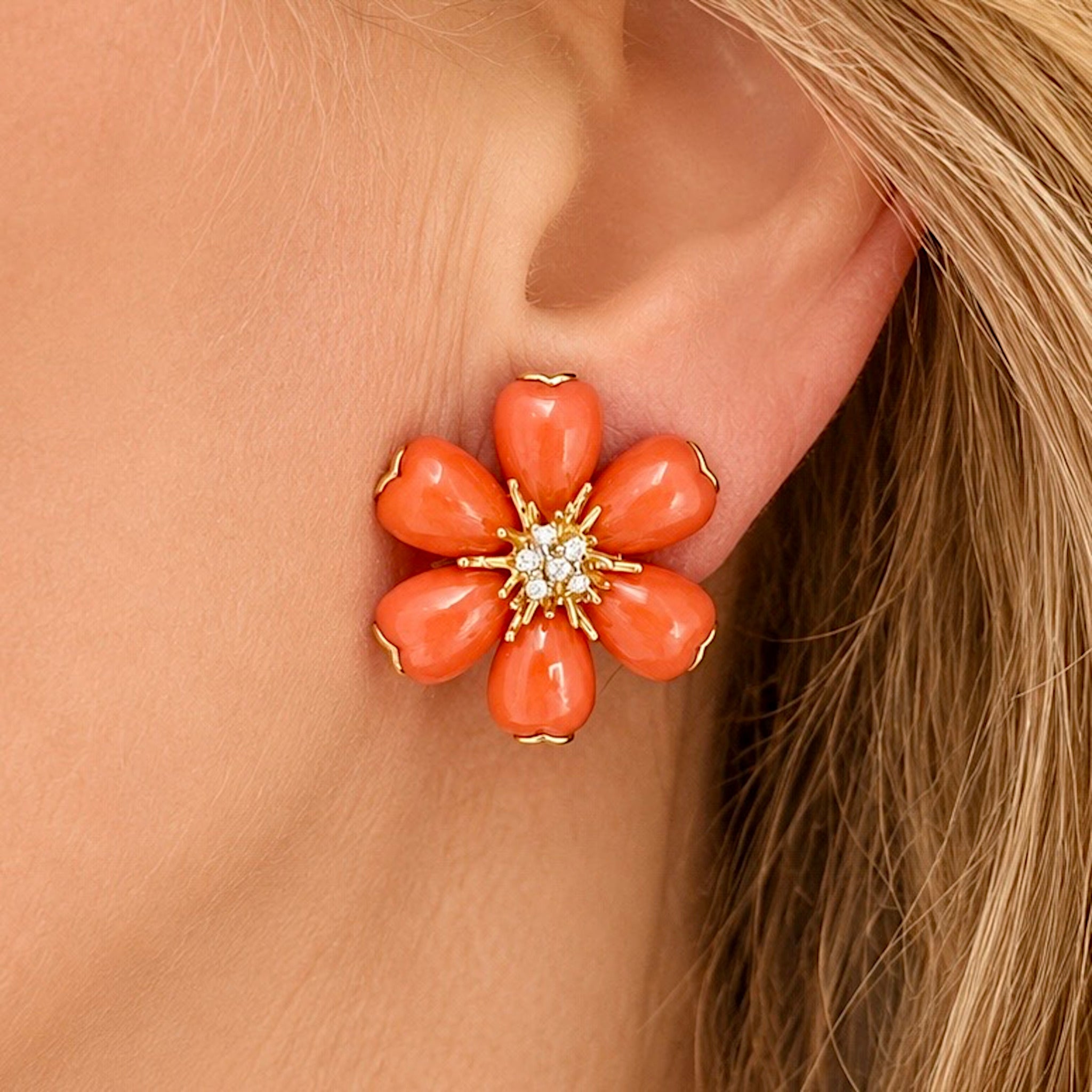 Coral and Diamond Earclips