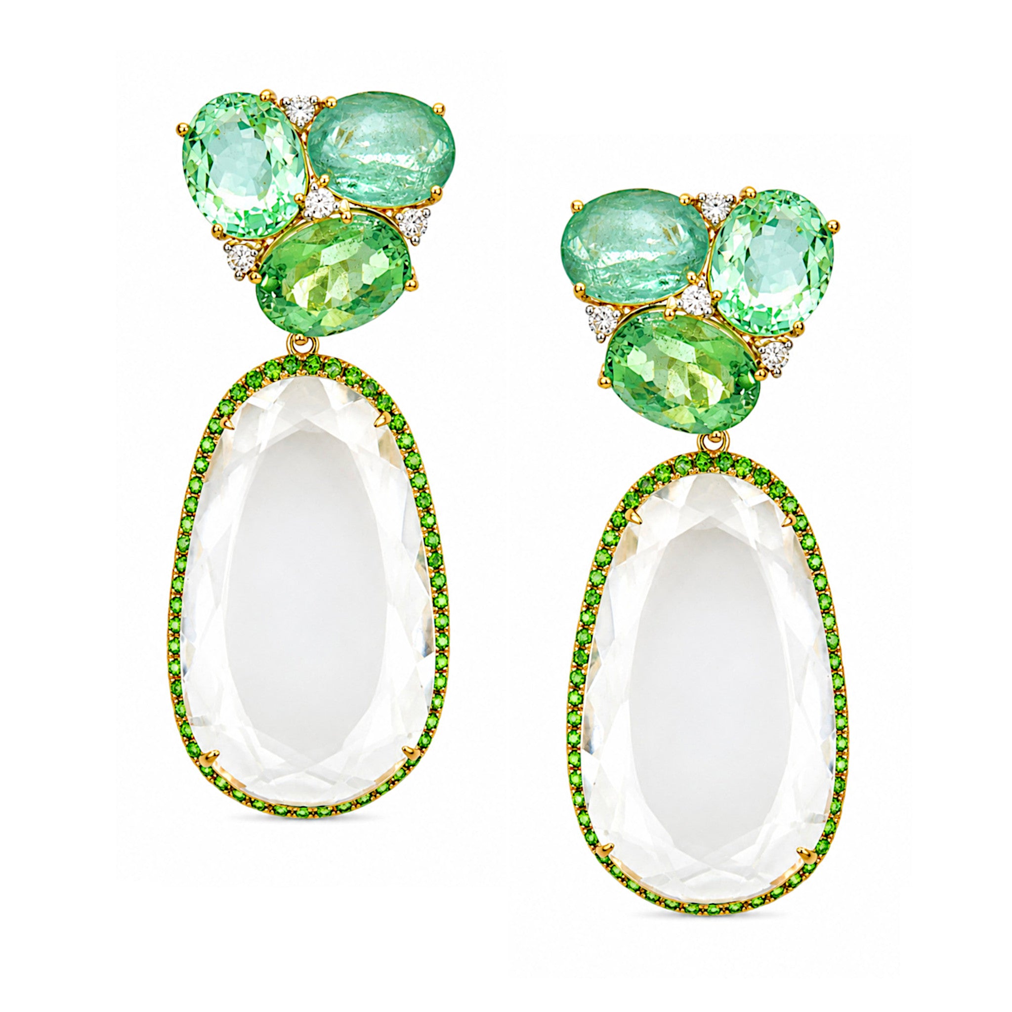 Green Tourmaline, Garnet, Diamond and Crystal Pendant Earrings