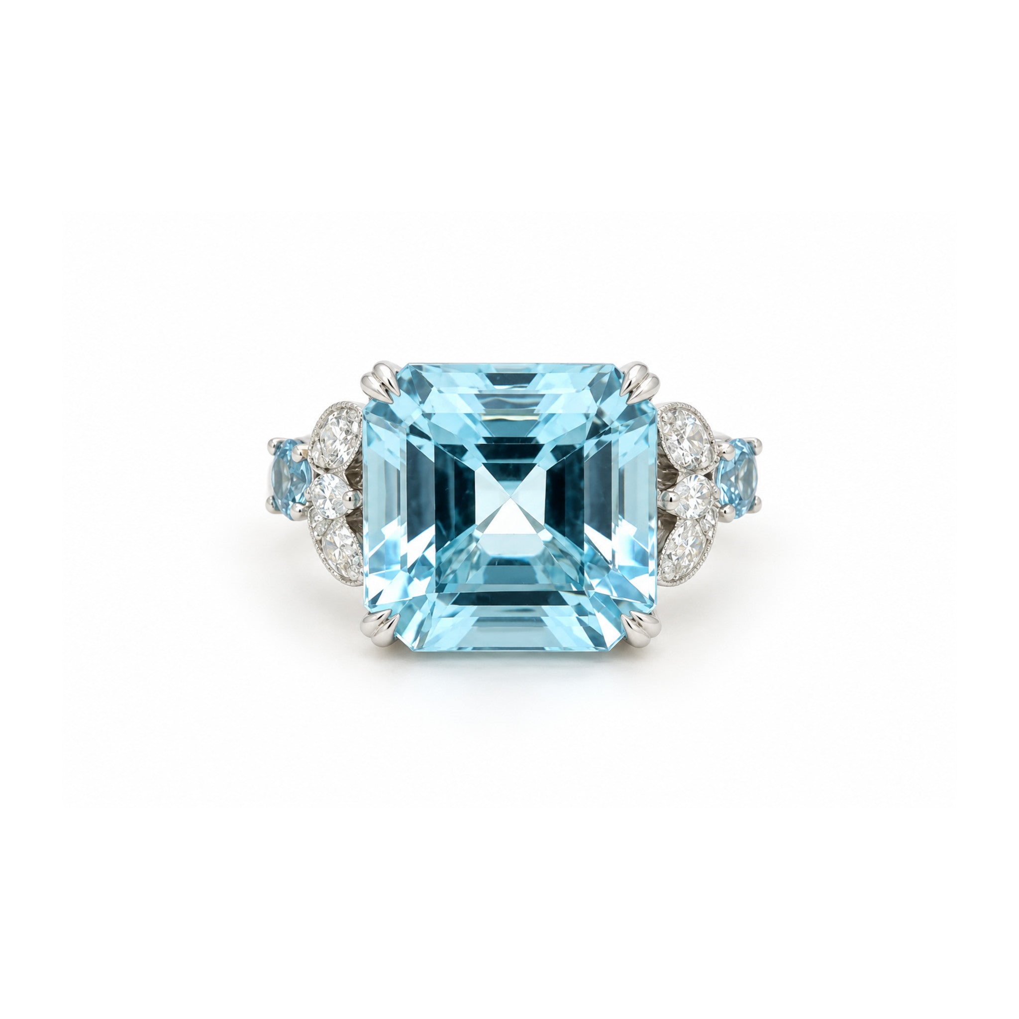 Square Cut Aquamarine and Diamond Ring