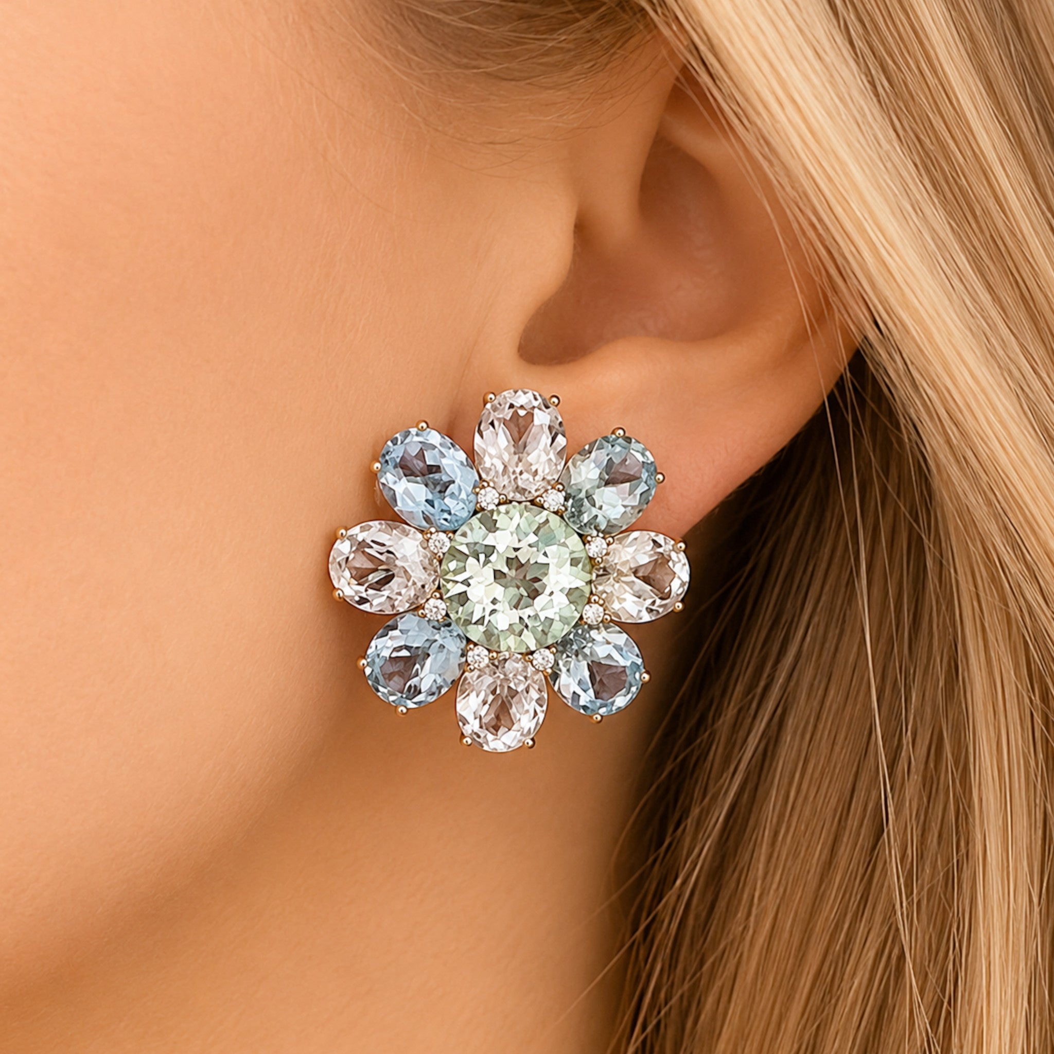 Green Amethyst, Aquamarine, Topaz and Diamond Cluster Earclips
