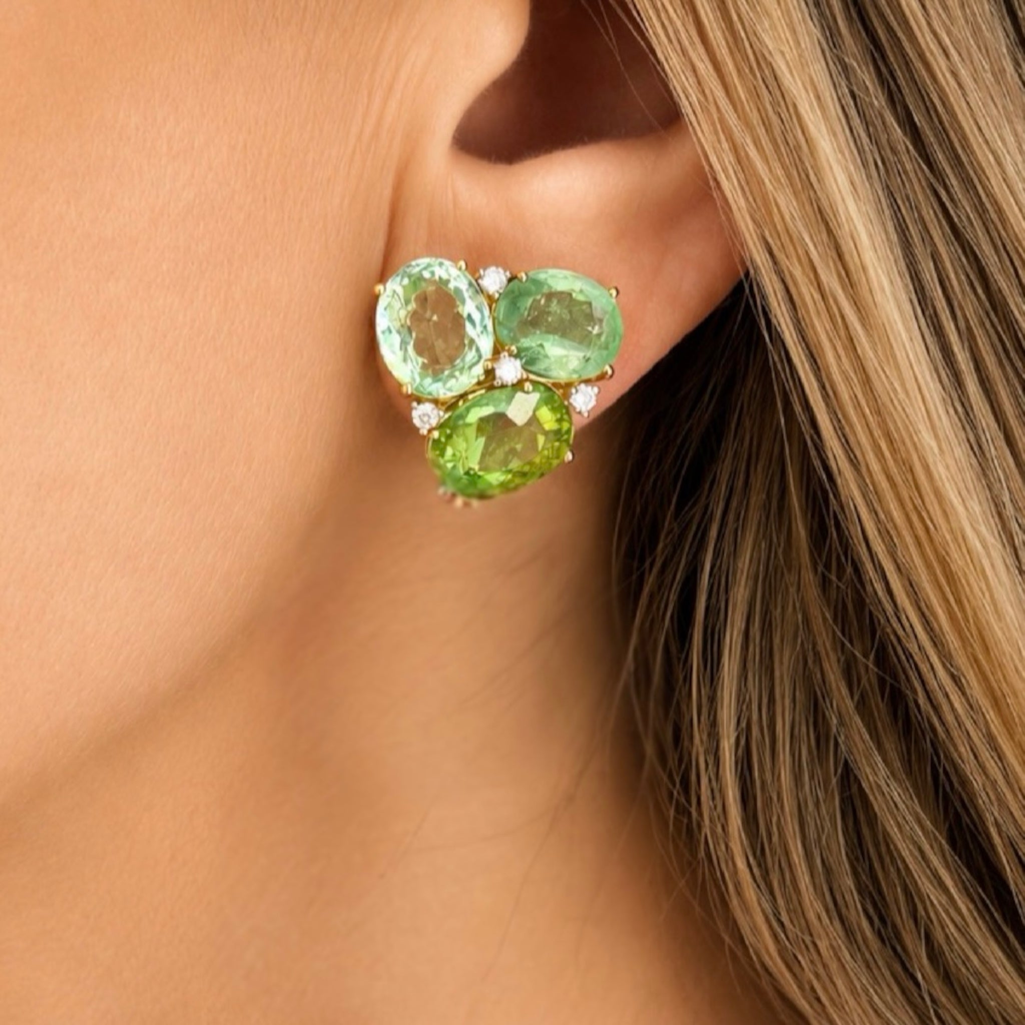Green Tourmaline, Garnet and Diamond Earclips
