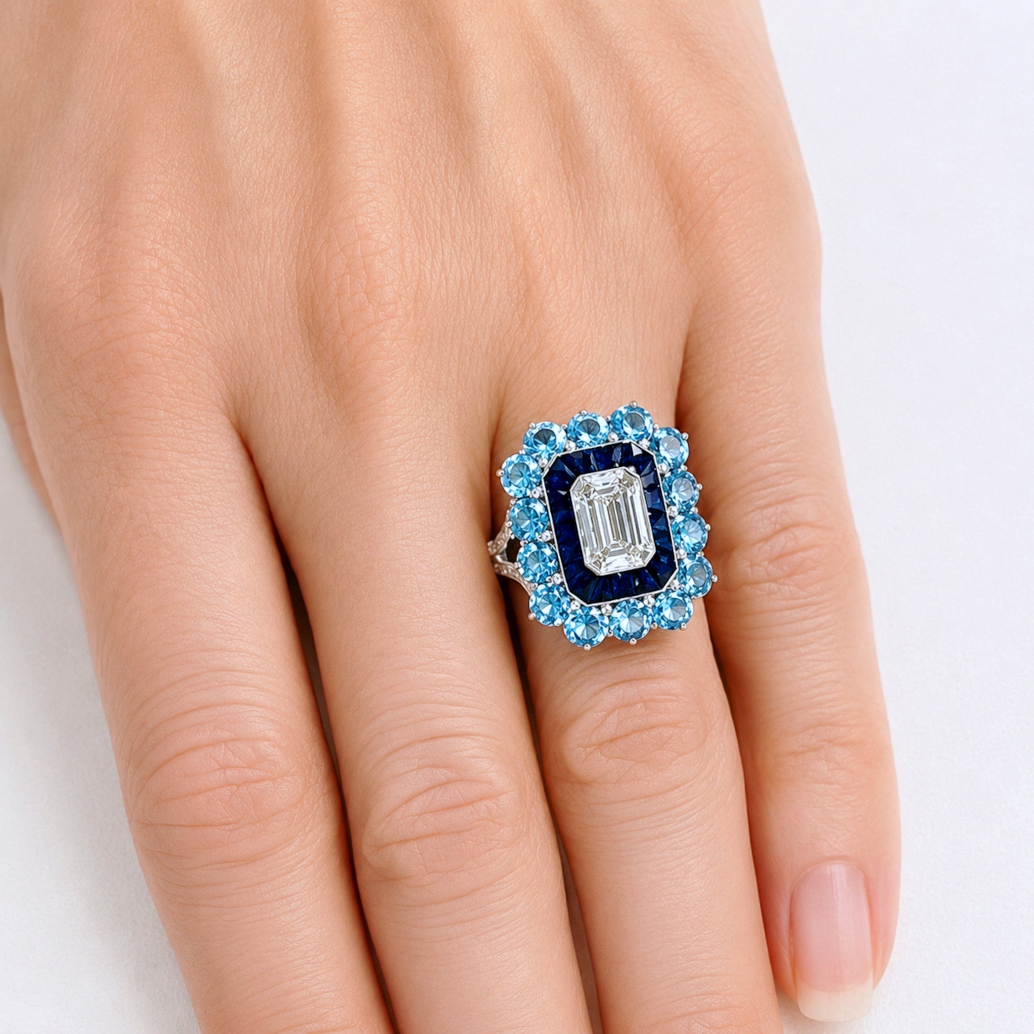Diamond, Sapphire and Aquamarine Ring