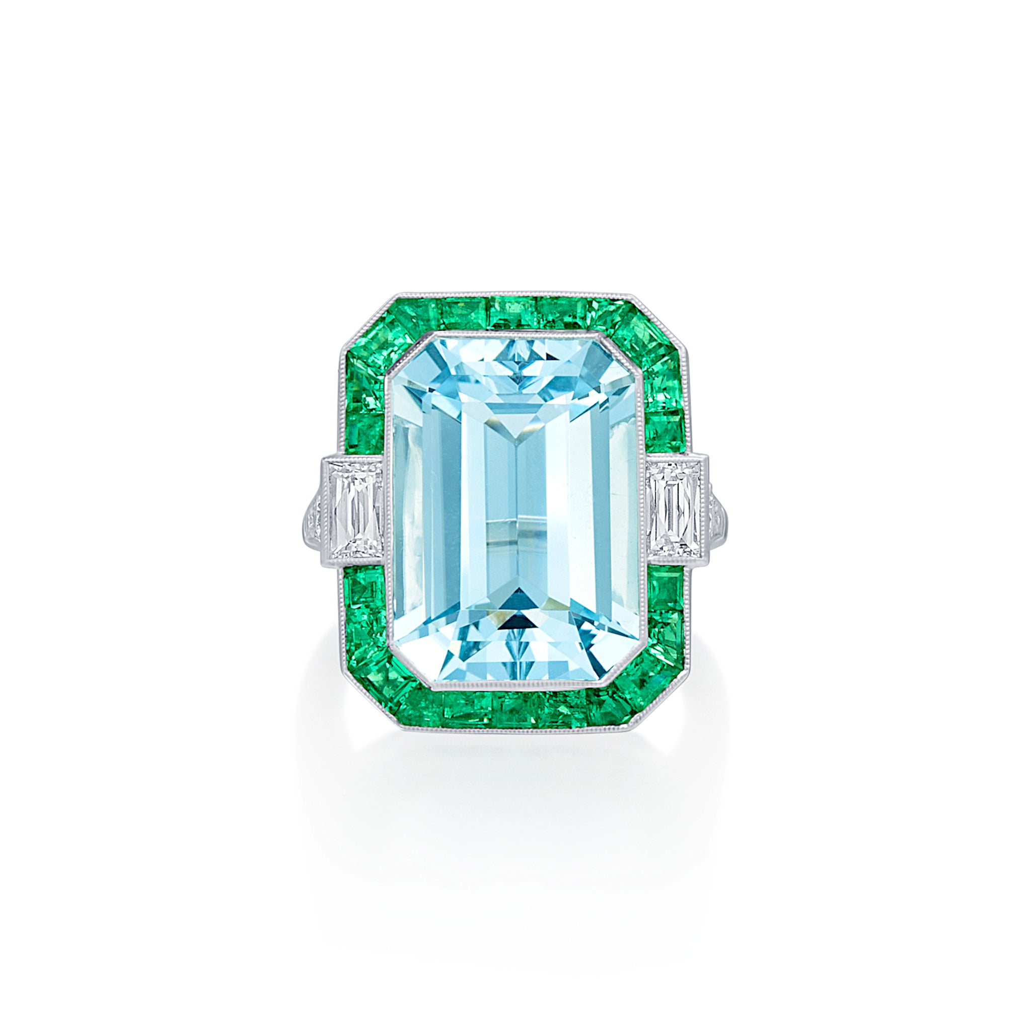 Aquamarine, Emerald and Diamond Ring