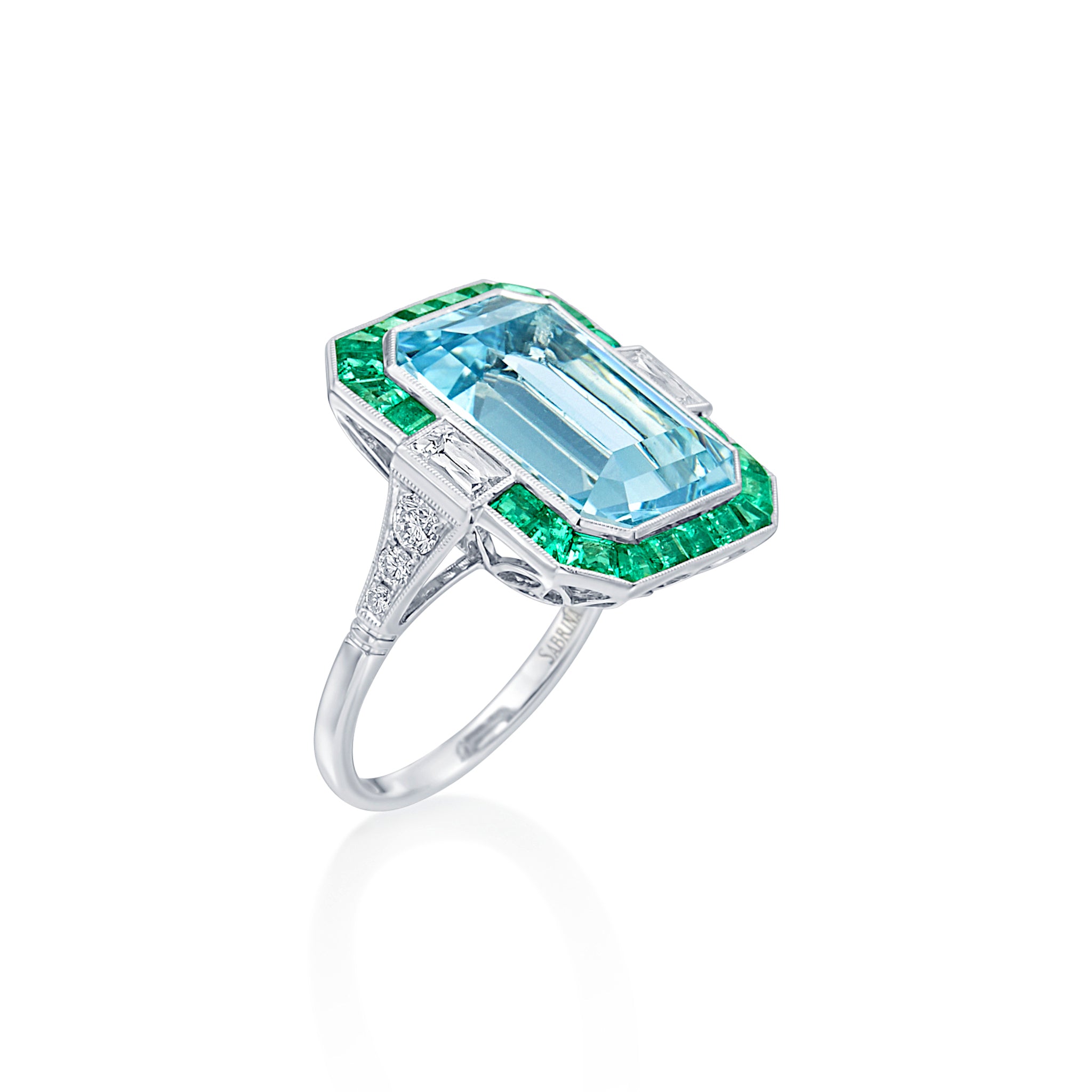 Aquamarine, Emerald and Diamond Ring