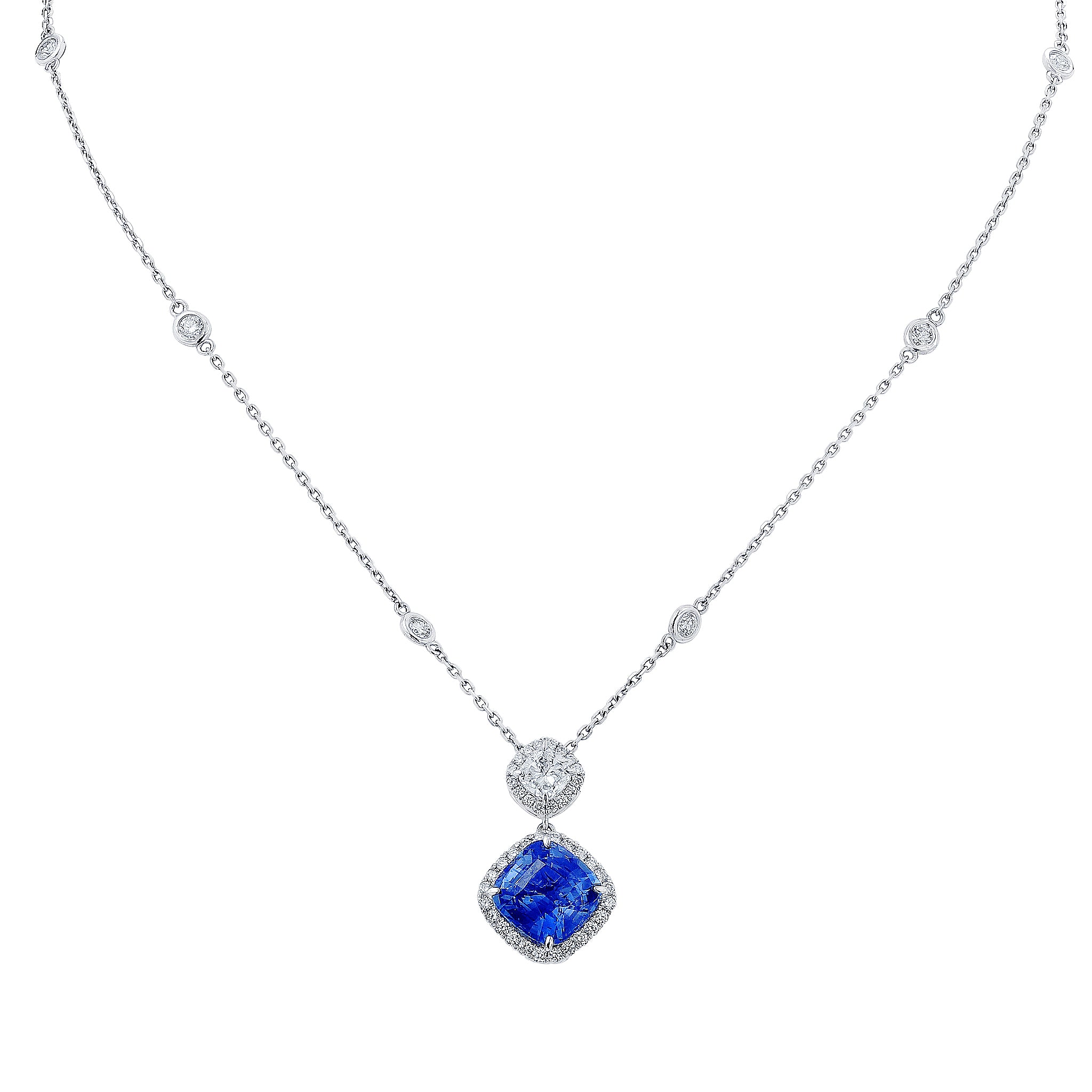 Cushion Cut Sapphire and Diamond Pendant Necklace