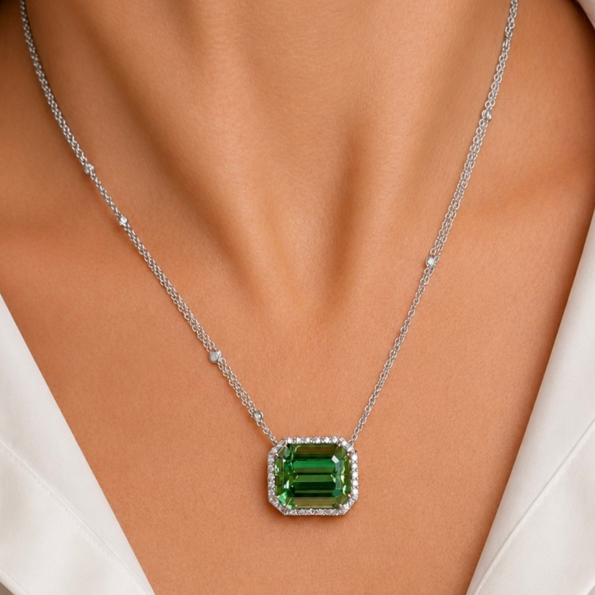 African Green Tourmaline and Diamond Pendant Necklace
