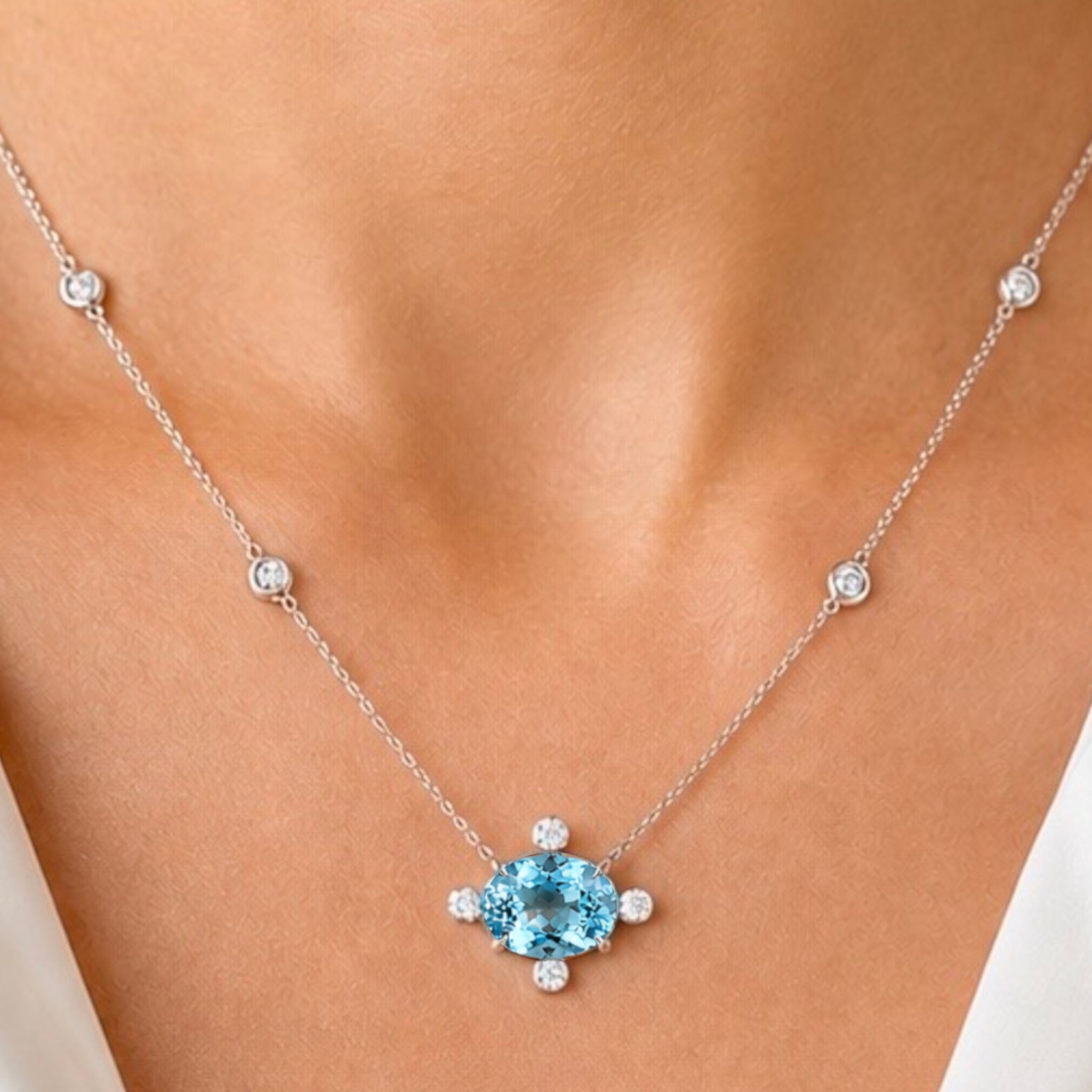 Oval Aquamarine and Diamond Pendant Necklace