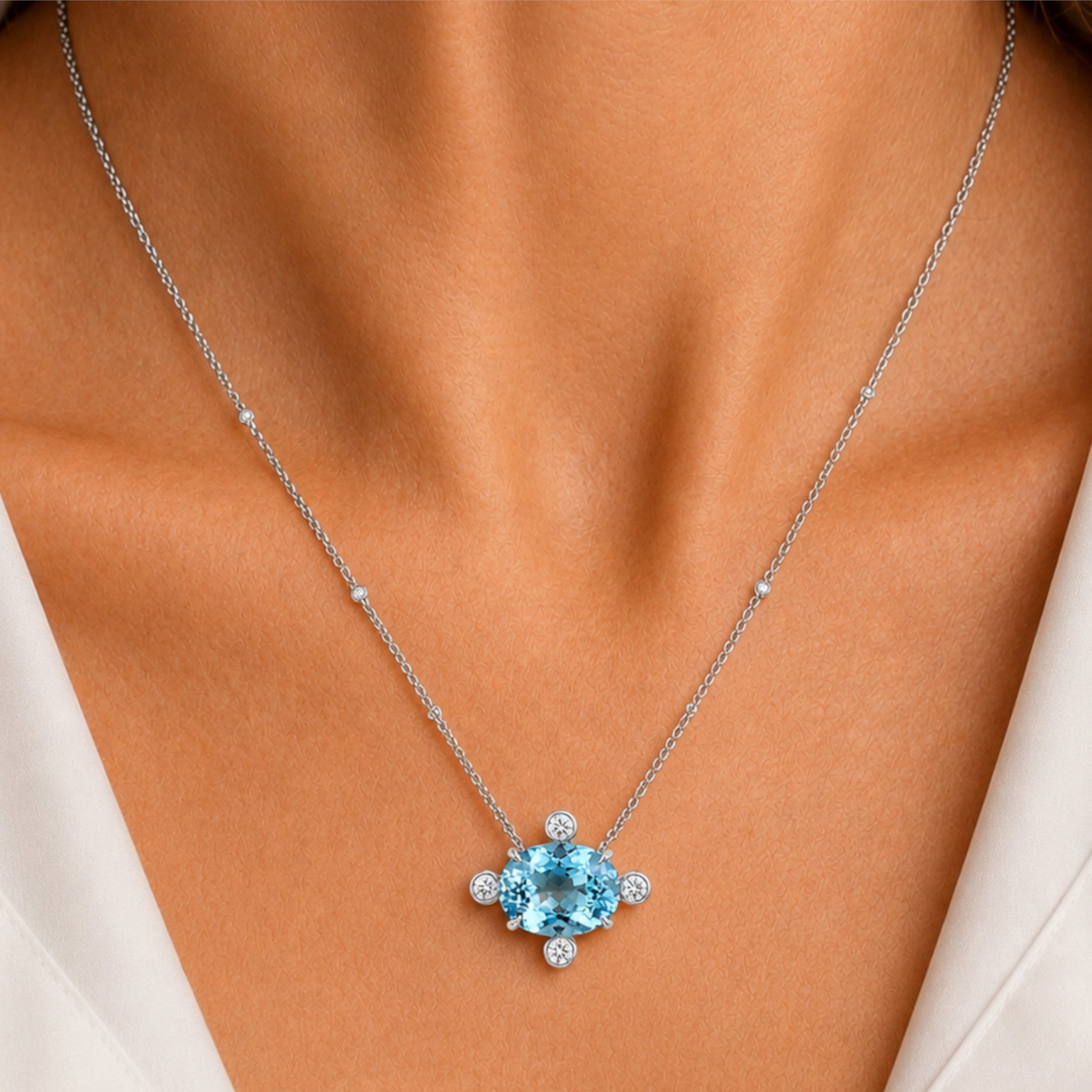 Oval Aquamarine and Diamond Pendant Necklace