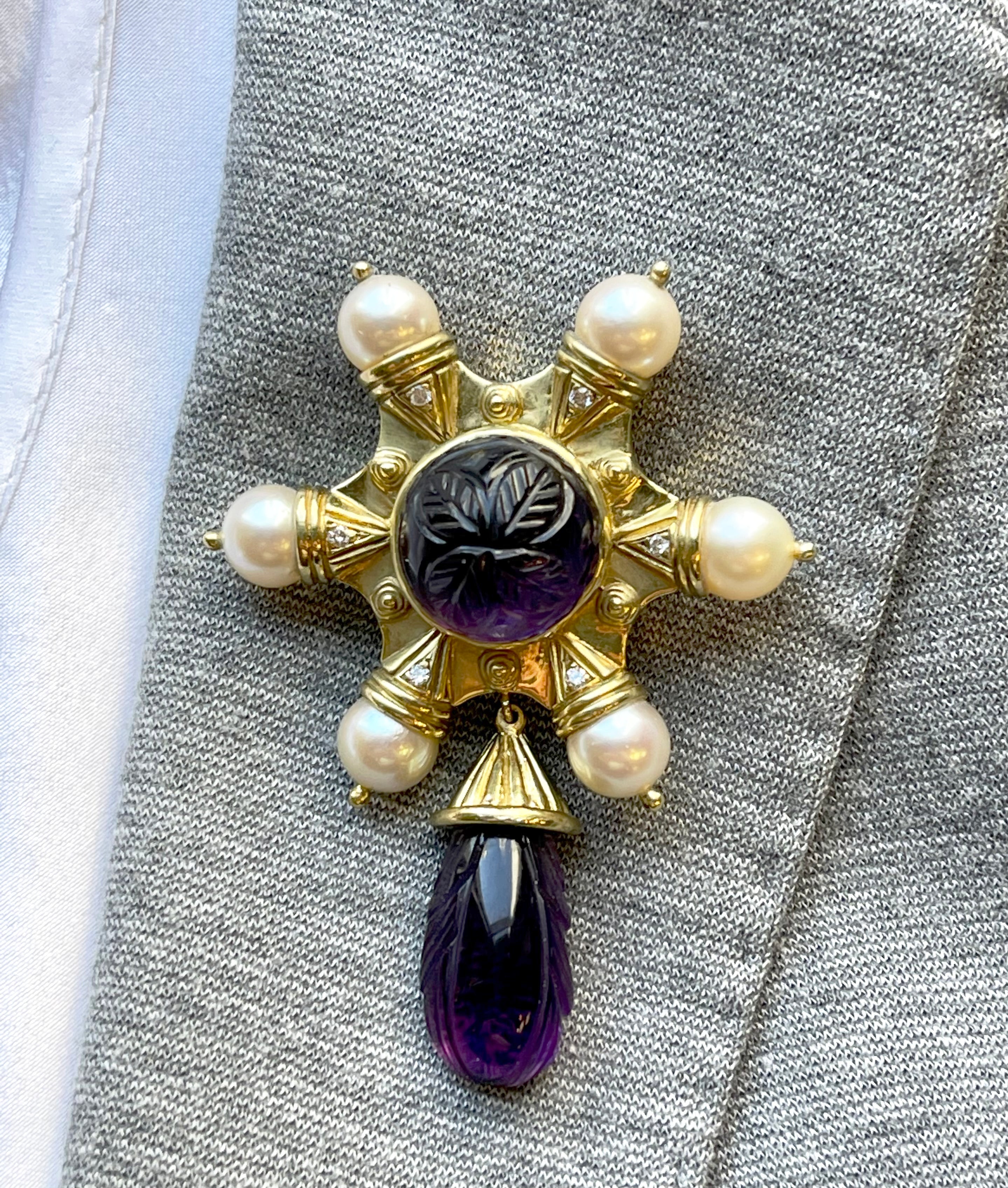 Carved Amethyst, Pearl and Diamond Brooch