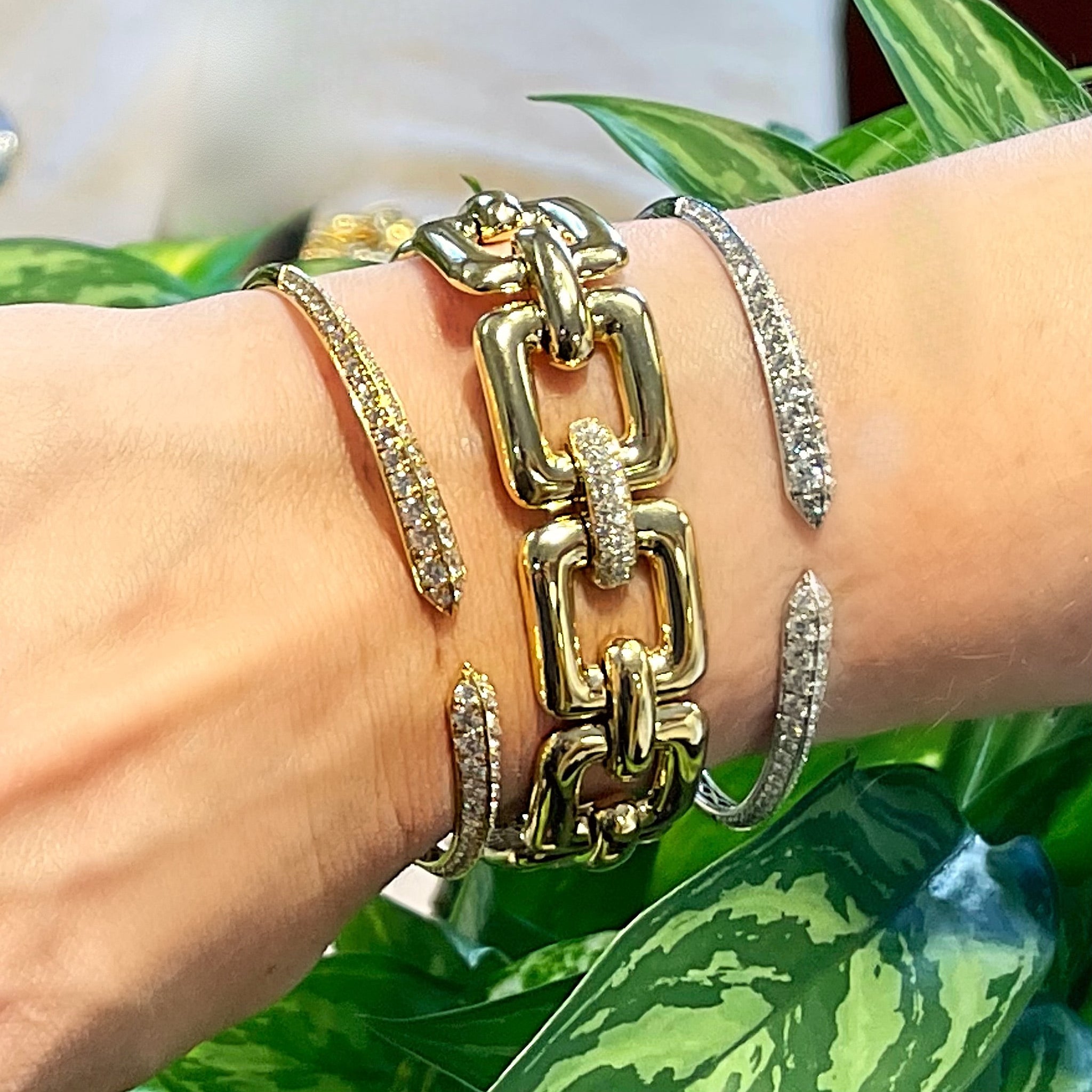 Gold and Diamond Square Link Stretch Bracelet