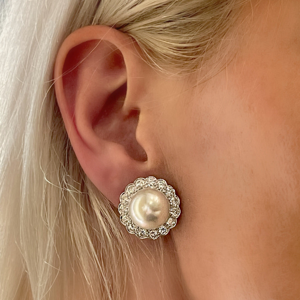 Natural South Sea Pearl and Diamond Earclips in 18k White Gold