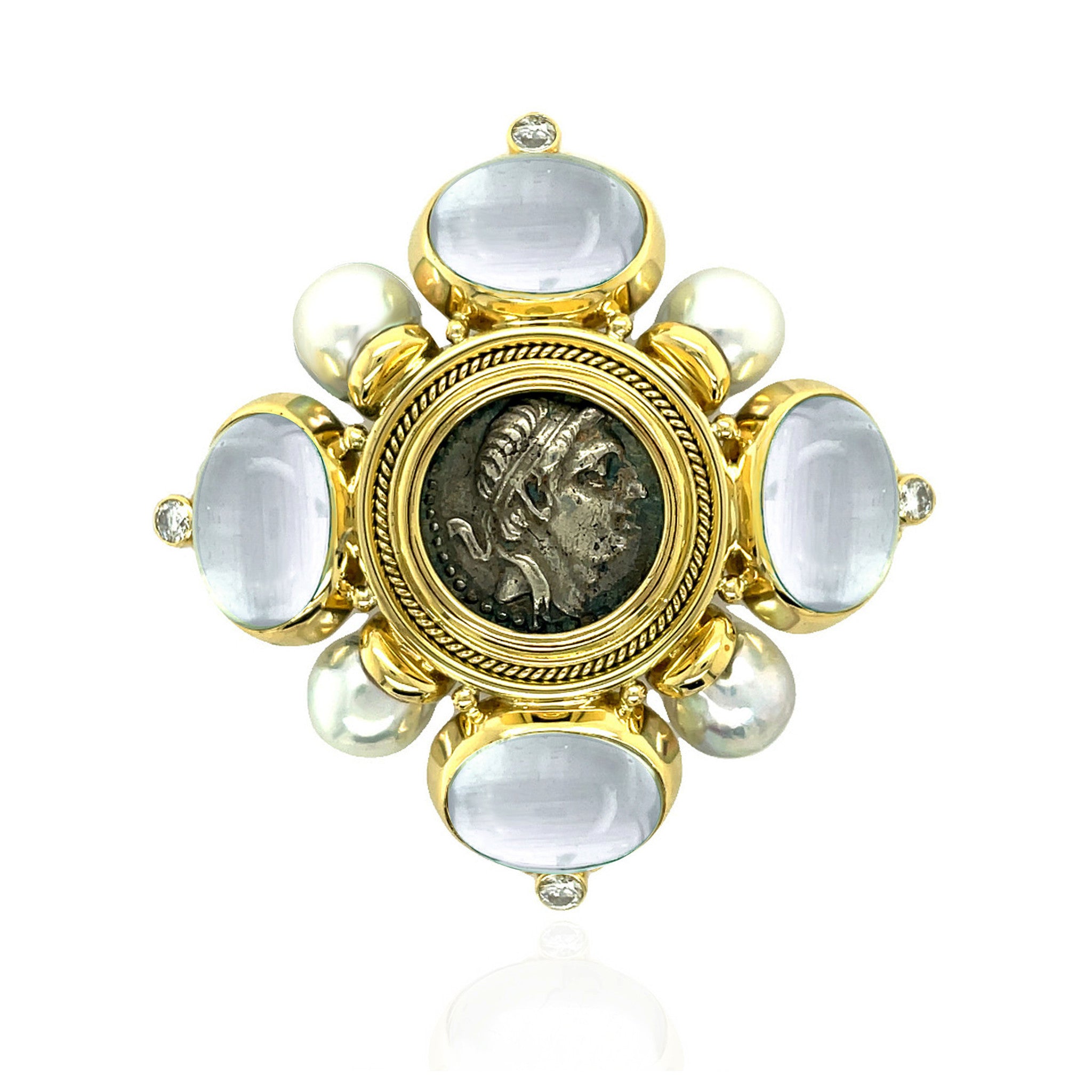 Elizabeth Gage Kiss Pin with Diamond, Moonstone and Pearl