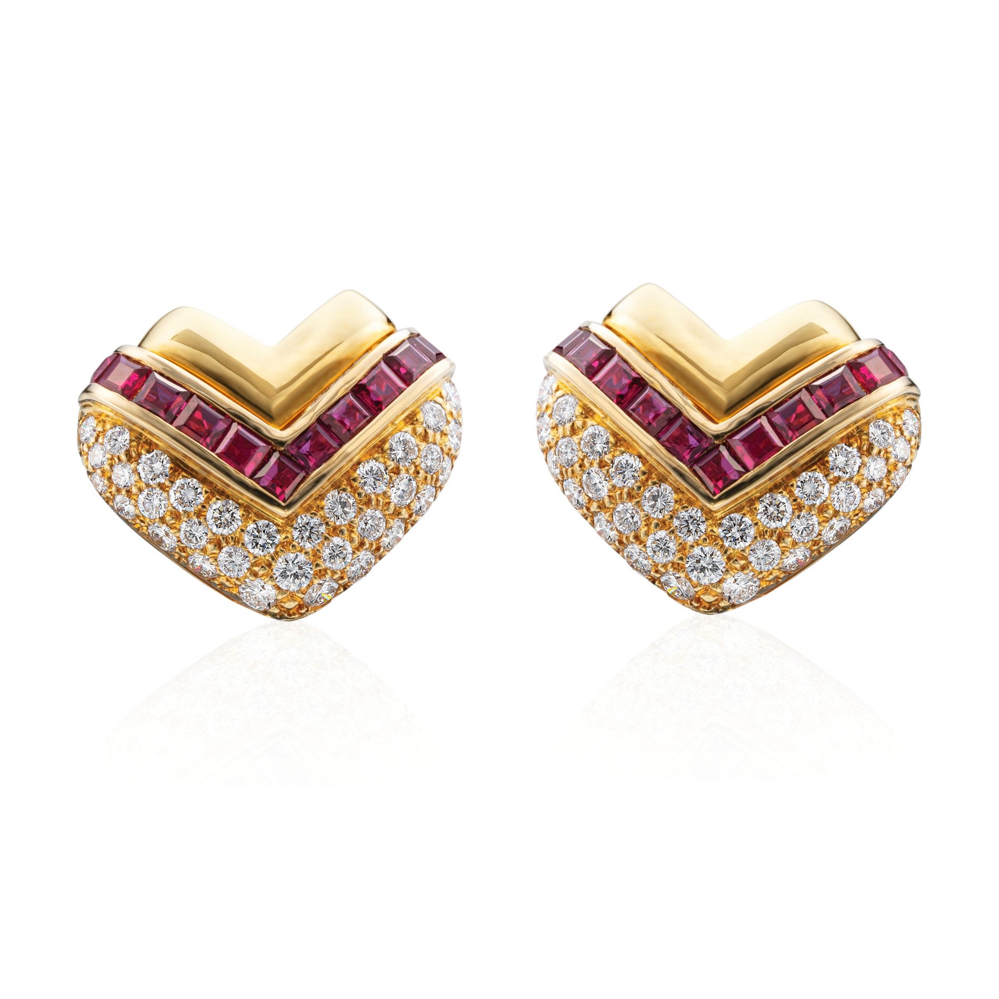 Diamond and Square Cut Ruby Heart Earclips in 18k Gold