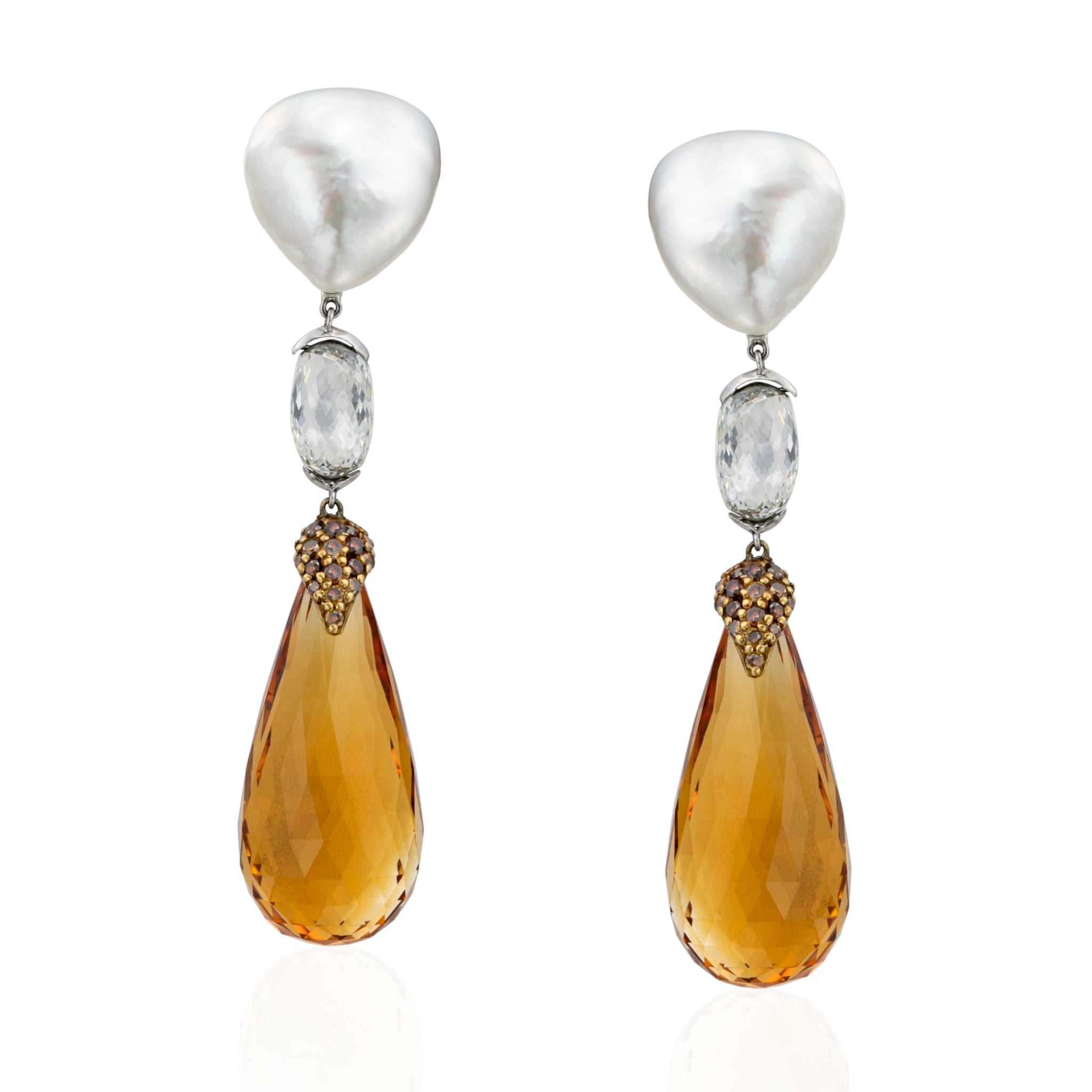 South Sea Keshi Pearl, Diamond and Citrine Briolette Pendant Earrings