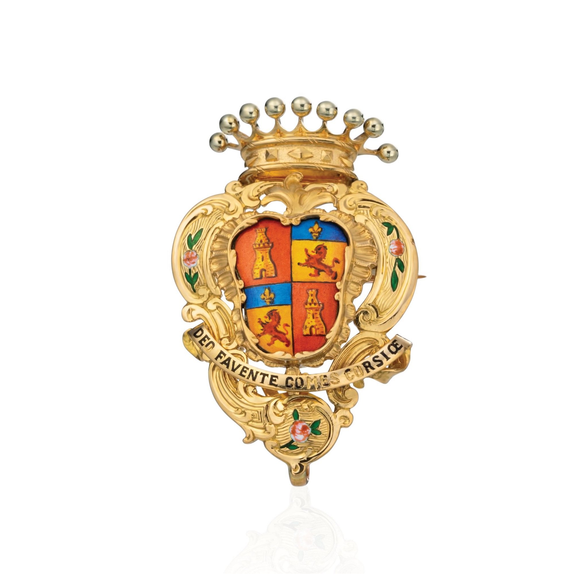 Vintage Heraldic Crest Brooch in 14k Gold and Enamel