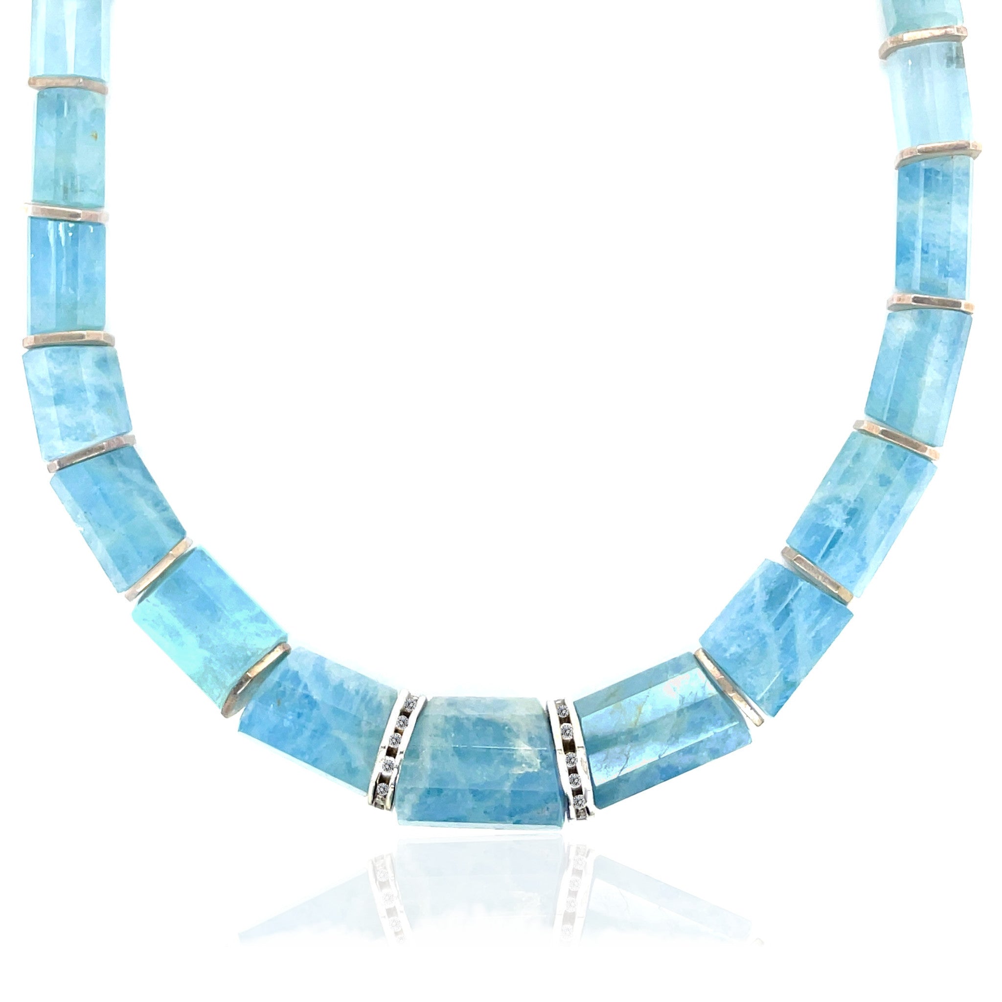 Aquamarine Bead, Diamond and Sterling Silver Necklace