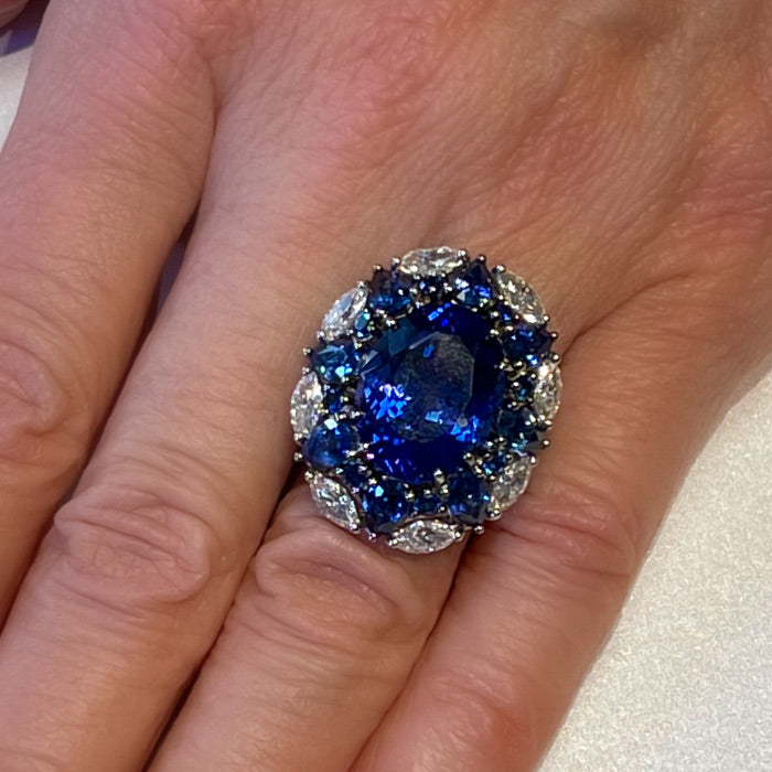 Large Tanzanite, Sapphire and Diamond Ring