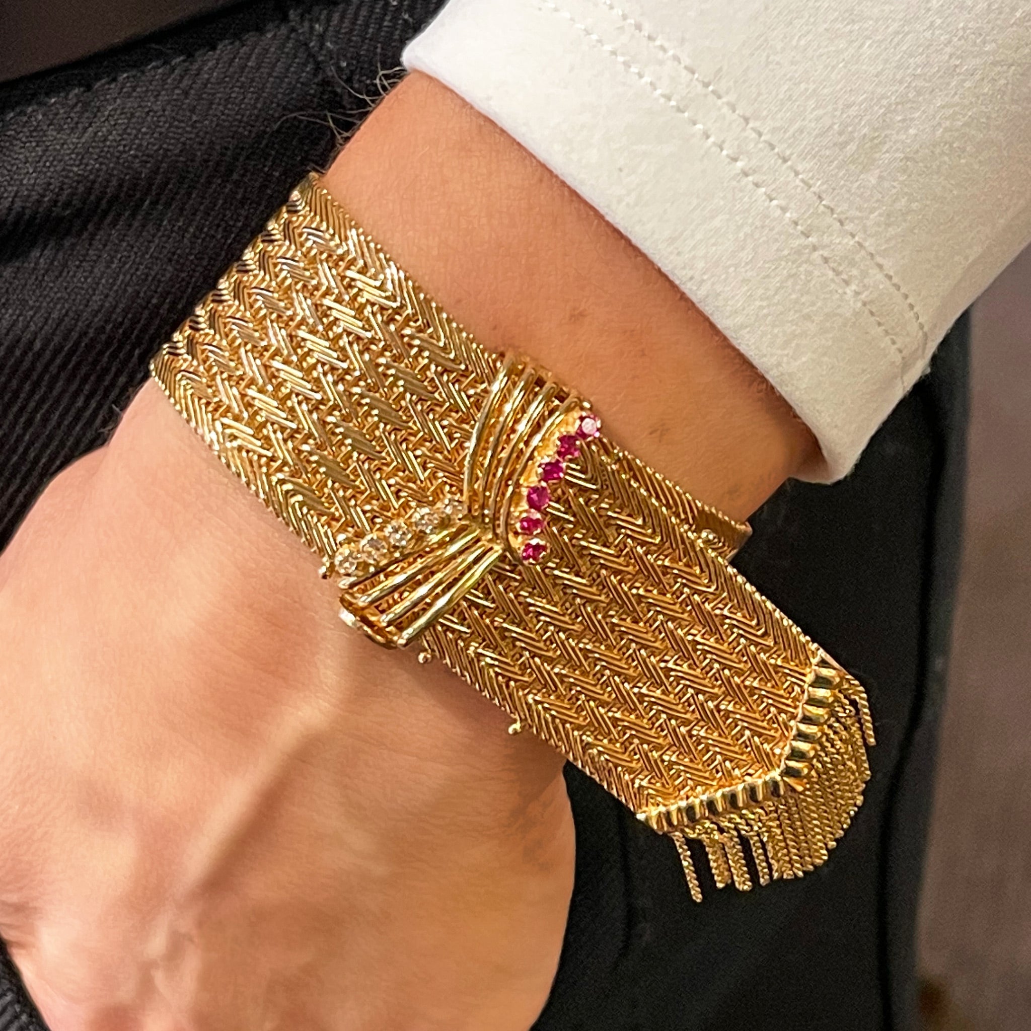 18k Rose Gold Mesh Bracelet with Ruby and Diamond Buckle Clasp