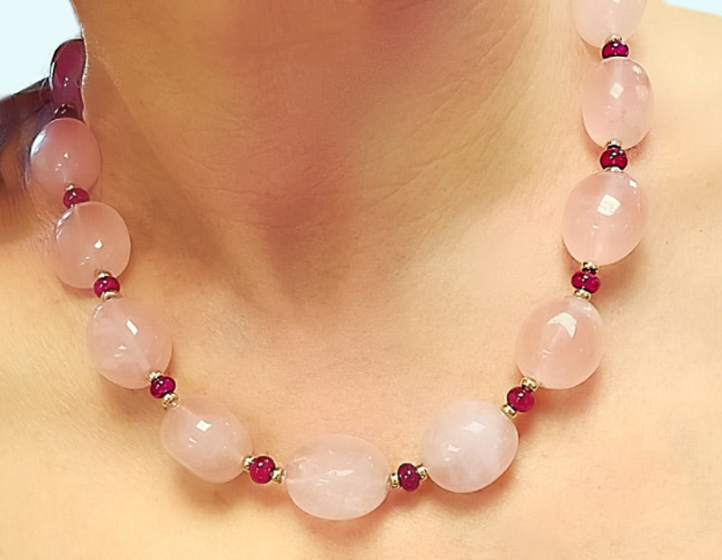 Rose Quartz and Ruby Bead Necklace