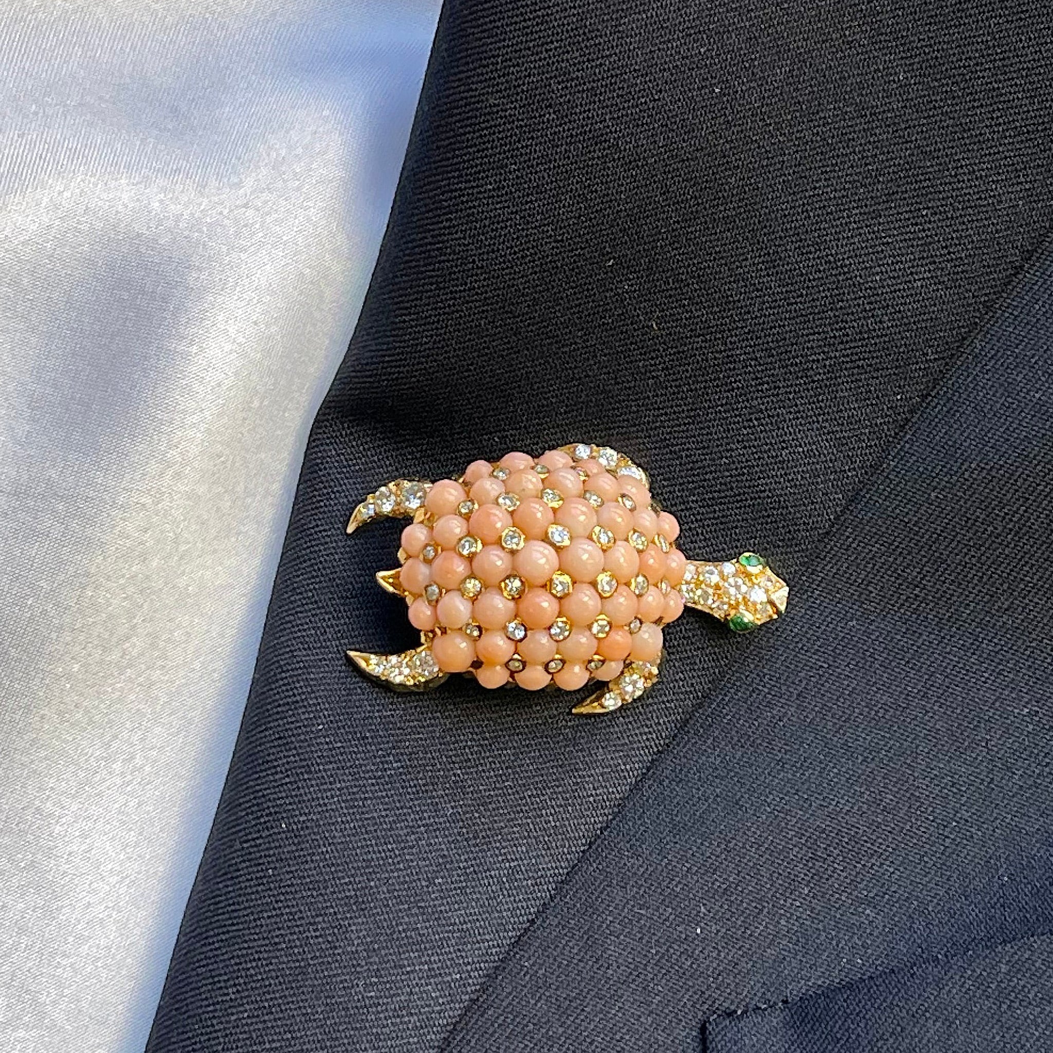 Coral and Diamond Turtle Brooch